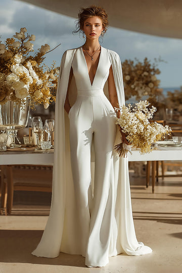 Ivory V-Neck Fitted Bridal Jumpsuits with Cape